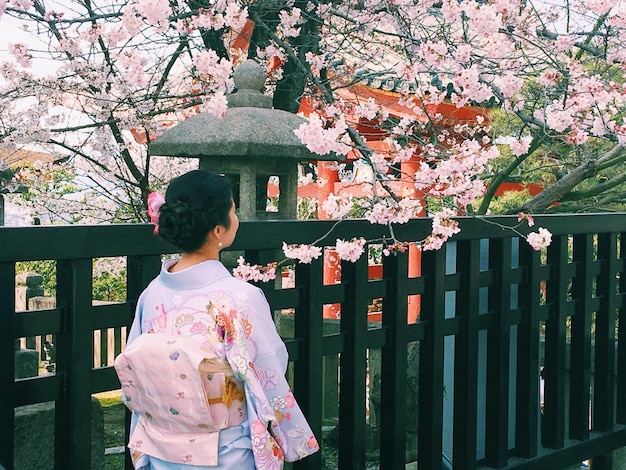 Pełna długość japońskiej kobiety stojącej obok wiśni