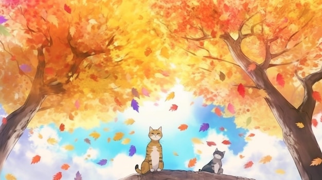 Pełna jesień piękne jasnoniebieskie niebo central park malowanie Generatywne koty AI znajdują się pod dużym drzewem mable