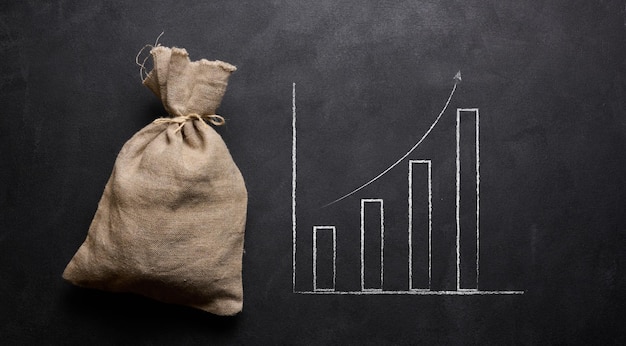 Zdjęcie pełna płócienna torba i wykres narysowany kredą na czarnej tablicy wzrost dochodów otrzymanie dotacji wzrost dochodów