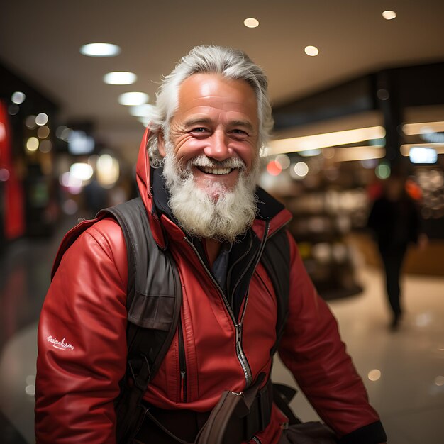 pełna postać szczęśliwy uśmiechnięty Święty Mikołaj późną nocą świąteczne zakupy w skandynawskim sklepie