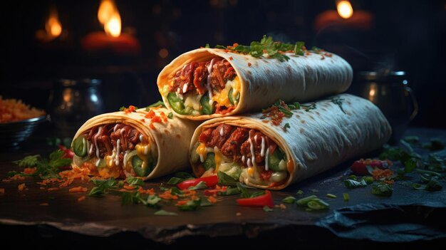 Pełne burrito z warzywami i mięsem na drewnianym stole z niewyraźnym tłem