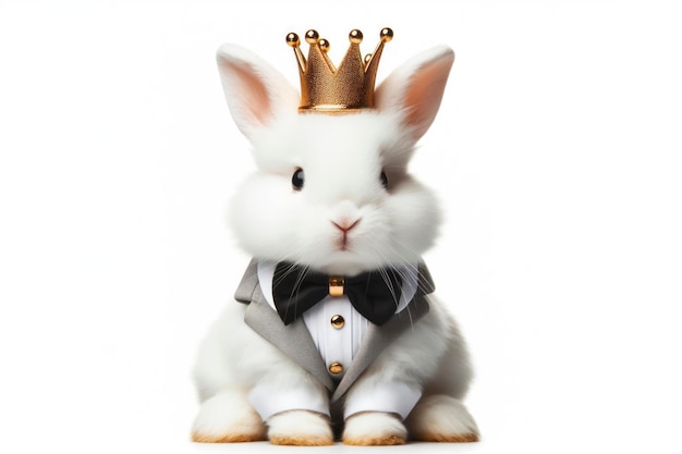 Zdjęcie pełne ciało królik nosi złotą koronę na głowie na białym tle