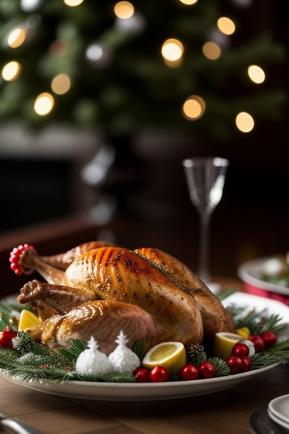 Zdjęcie pełne pieczone kurczak z świąteczną dekoracją