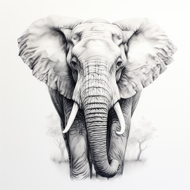 Pełne wdzięku kontury Cienki szkic słonia w kolorze kości słoniowej na czystym białym płótnie
