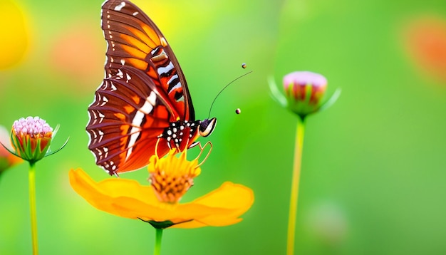 Pełne wdzięku spotkanie motyla monarchy odpoczywającego na roślinie kwiatowej, urzekającej światłem i pięknem natury