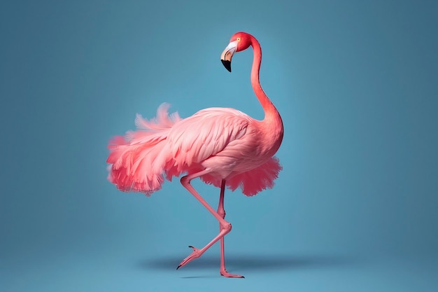 Pełnej długości różowe flamingi z nogami na niebieskim tle AI generatywne