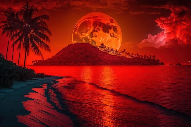 Pełnia czerwonego księżyca nad tropikalnym krajobrazem wyspy