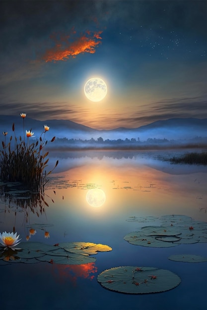 Pełnia księżyca nad zbiornikiem wodnym z liliowcami na pierwszym planie generatywnej ai