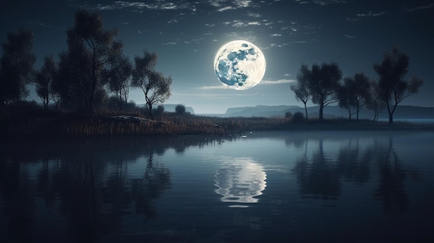 Pełnia księżyca odbija się w ai jeziora