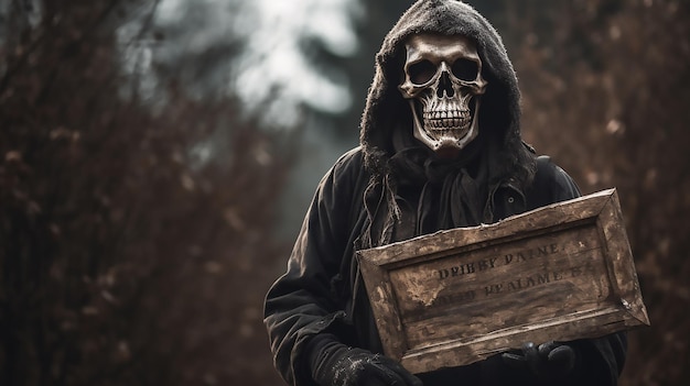Pełnoklatkowe zdjęcie przedstawiające szkielet trzymający pusty drewniany znak na cmentarzu Halloween z afiszem