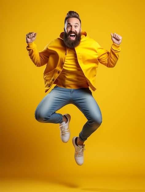 pełnometrażowy portret brodatego mężczyzny w przypadkowych ubraniach skaczących na tle żywej żółci
