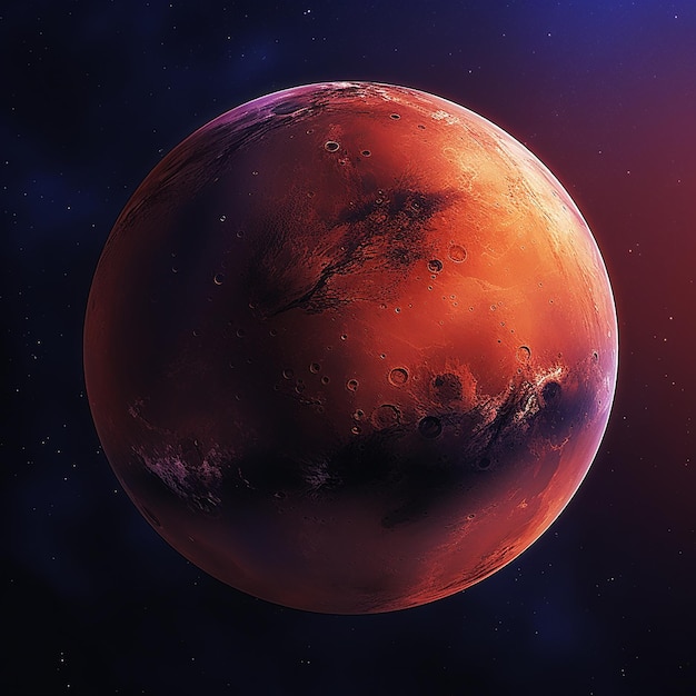 Pełnowymiarowy Mars, jego zardzewiała czerwona powierzchnia oświetlona pojedynczym światłem punktowym na głębokim tle
