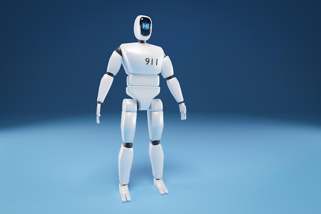 Pełnowymiarowy robot z monitorem na twarzy na niebieskim tle Ilustracja 3d koncepcji robota ratunkowego