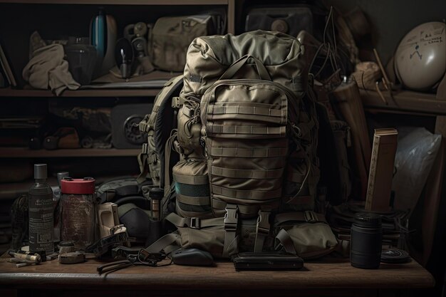 Pełny plecak z wyposażeniem i zapasami widocznymi w strefie walki
