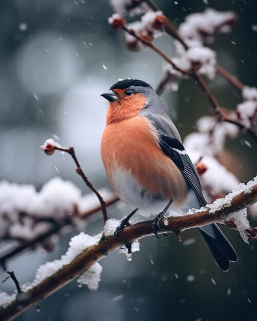 Pełny portret ciała uroczy ptak bullfinch z czerwoną klatką piersiową w śnieżnym lesie na pokrytej śniegiem gałęzi rowan