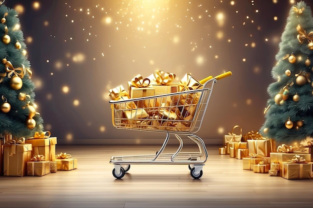 Pełny wózek supermarketowy z złotymi pudełkami prezentów świątecznych i noworocznych na świątecznym tle