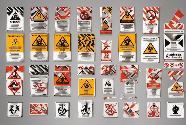 Pełny zestaw dziewięciu oddzielnych znaków materiałów niebezpiecznych Światowo zharmonizowany system znaków ostrzegawczych GHS Hazma