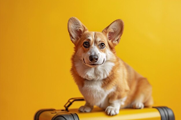 Pembroke Welsh Corgi siedzi na walizce