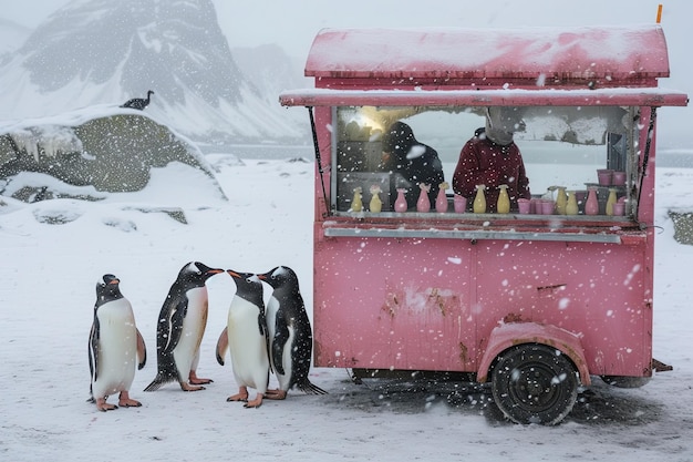 Zdjęcie penguin ice cream vendor zobacz pingwiny w śnieżnym krajobrazie prowadzące stoisko z lodami serwujące chłodne przekąski innym zwierzętom