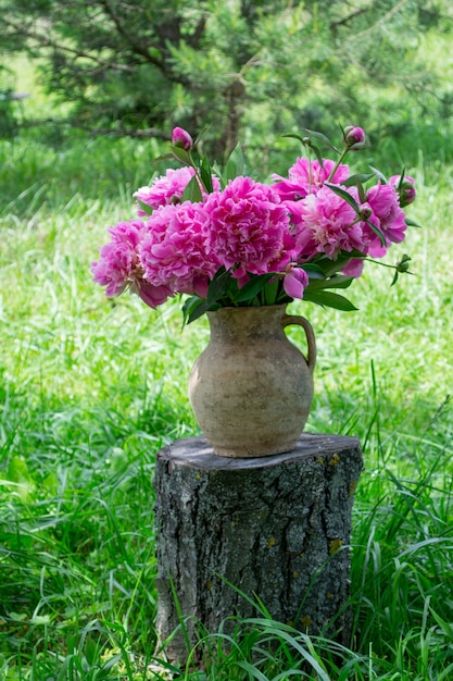 Zdjęcie peonia kwitnie w glinianej rocznik wazie na starym fiszorku w łąkowym selekcyjnej ostrości copyspace