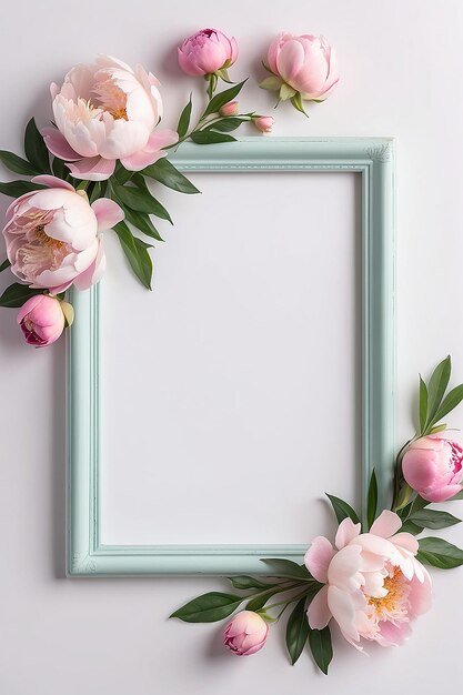 Zdjęcie peony pastel pastiche pusta ramka mockup z białą pustą przestrzeń do umieszczania projektu