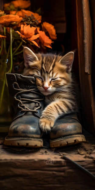Perfekcyjna drzemka Mały kotek śpiący na butach