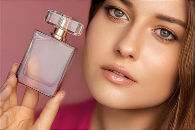 Perfumy produkt kosmetyczny i kosmetyki model twarzy portret na różowym tle piękna kobieta trzyma butelkę zapachu z kwiatowym kobiecym zapachem moda i makijaż