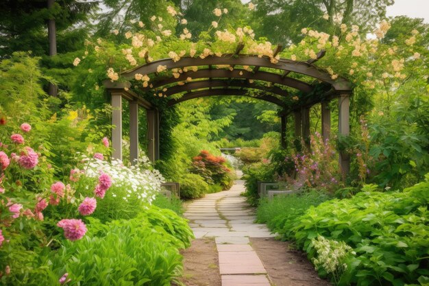 Pergola otoczona bujnymi liśćmi i kwiatami