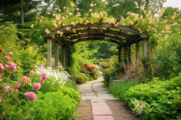 Pergola otoczona bujnymi liśćmi i kwiatami