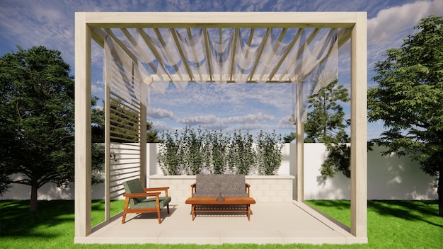 Pergola w tylnym ogrodzie z szarą sofą