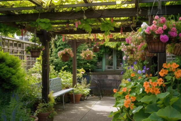 Pergola z wiszącymi koszami kwiatów i latarniami w ogrodzie