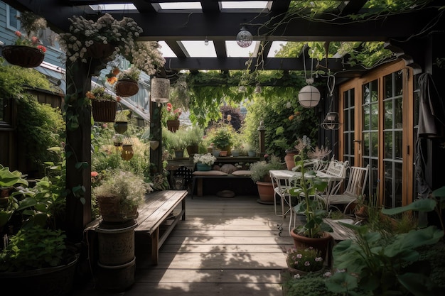 Pergola z wiszącymi lampionami i roślinami doniczkowymi do spokojnego ogrodu