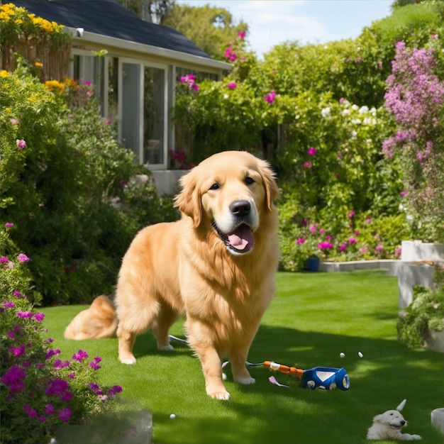 perrito super bonito de hogar jugando en un jardin raza golden retriever