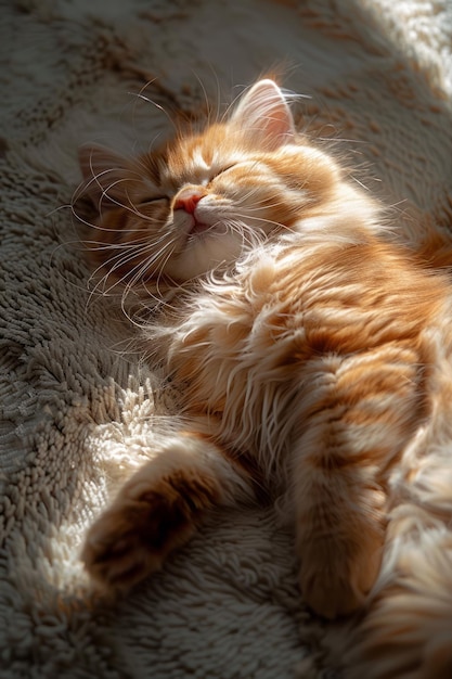 Perski kot luksusowo rozciągający się na pluszowym dywanie, ciesząc się ciepłem promienia słońca