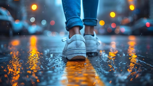 Zdjęcie person walking on street symbolizing urban lifestyle and routine a closeup image concept urban lifestyle street photography closeup shot cityscape portrait daily routine