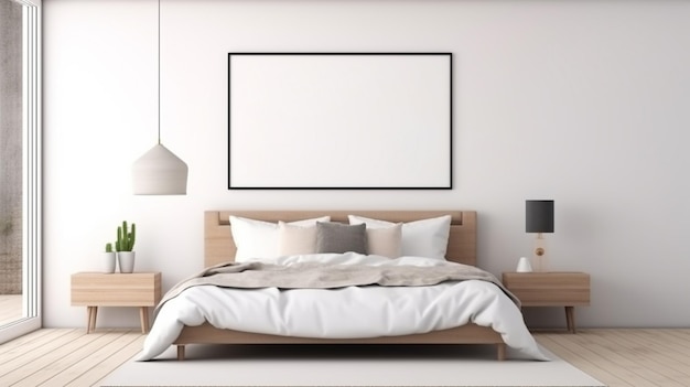 Perspektywa nowoczesnej sypialni z ramką do zdjęć i białą lampą wiszącą Pomysł wnętrza
