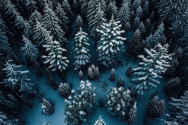 Perspektywa powietrzna zaśnieżonego lasu