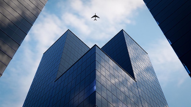 Perspektywa renderowania 3d wieżowiec jest skierowany do niebieskiego gradientu nieba