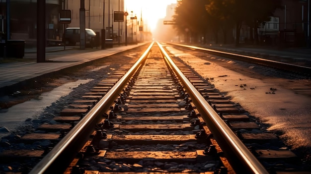 Perspektywa środka torów kolejowych ze stali i widok na miasto z zachodem słońca w złotą godzinę