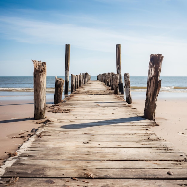 Zdjęcie perspektywa starego, pustego drewnianego molo na piaszczystej plaży