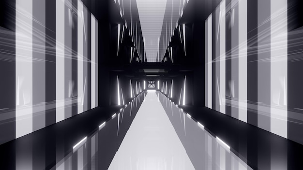 Perspektywiczna szara ilustracja 3d utworzona przez geometryczne kształty i oświetlona neonami