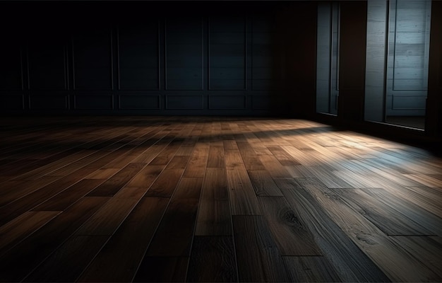 Perspektywiczne tło drewnianej podłogi z desek z drewnianą ścianą w tle Generacyjna sztuczna inteligencja