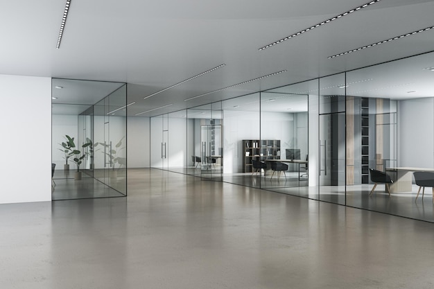Perspektywiczny widok na nowoczesną przestronną halę biurową ze stylowo urządzonymi szafkami za szklanymi ściankami działowymi i błyszczącą betonową podłogą na tle jasnych ścian renderowania 3D