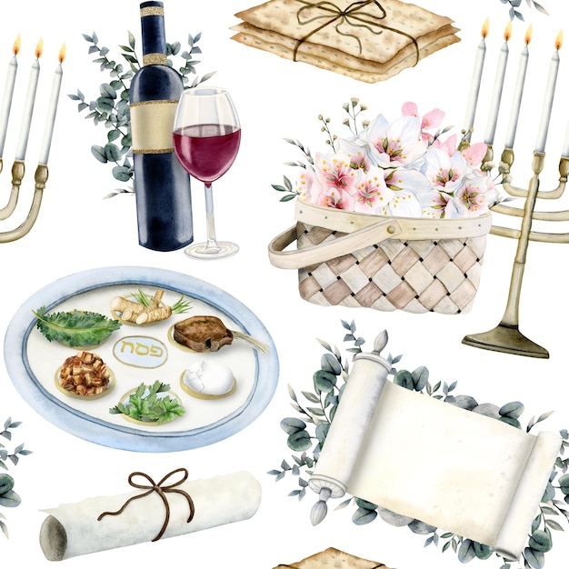 Pesach seder wzór akwarela żydowska Pesach jedzenie wino menora matzah na białym tle