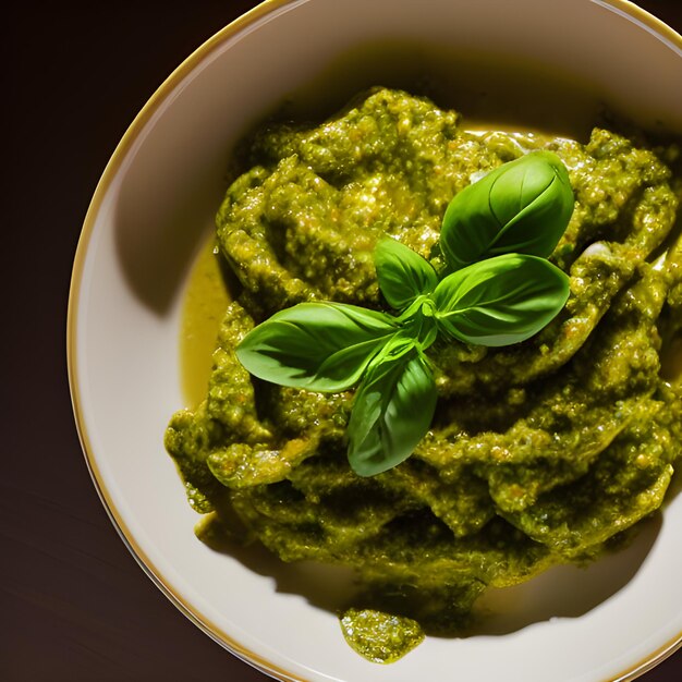 Zdjęcie pesto alla genovese podawane na talerzu składniki parmezan bazylia orzechy sosnowe