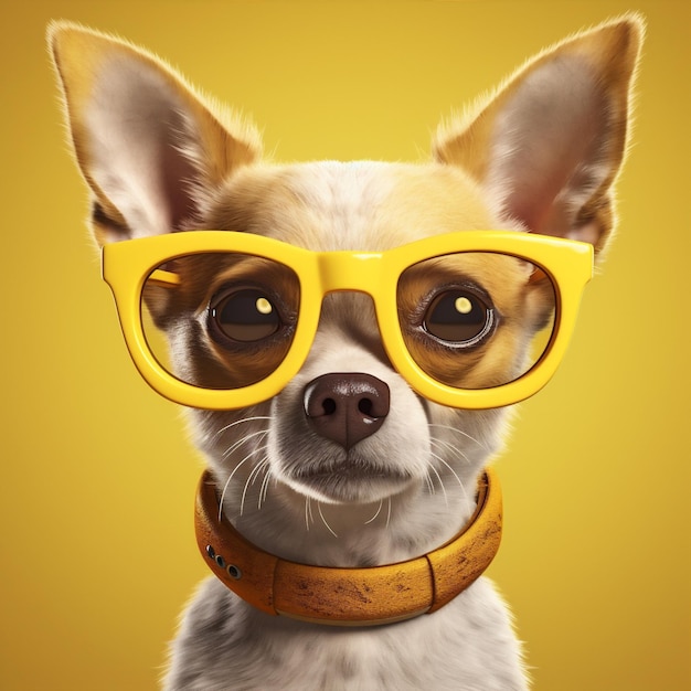 Pet pies chihuahua portret okulary patrząc słodkie zwierzę żółtym tle szczeniak Generative AI