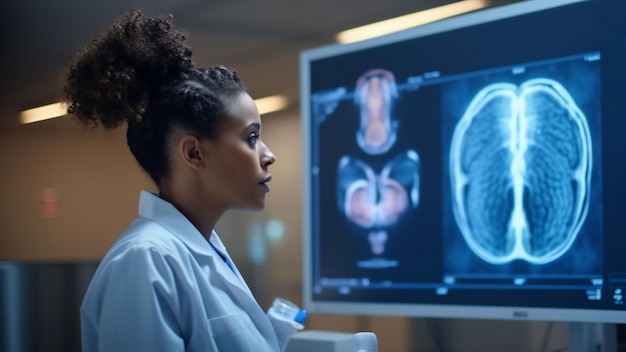 Pewna czarna kobieta neurolog neurobiolog w pobliżu ekranu analizującego pacjenta