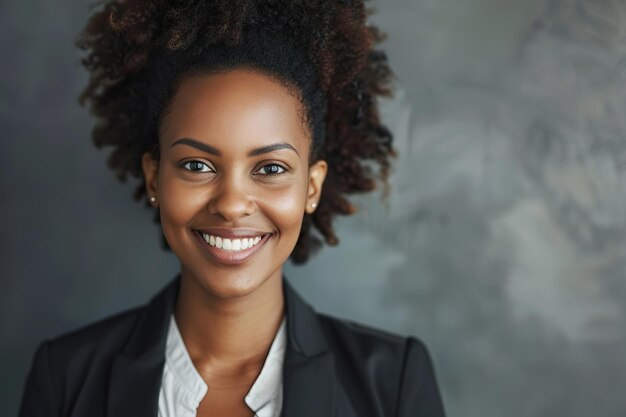 Pewna siebie afroamerykańska bizneswoman uśmiechając się na szarym tle