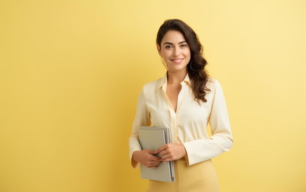 Pewna siebie bizneswoman trzymająca stojak na notatki na żółtym tle