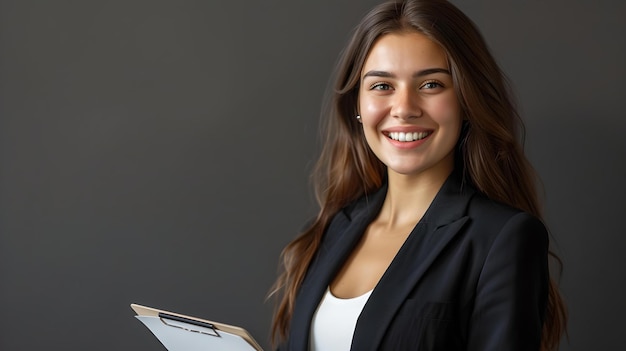 Pewna siebie bizneswoman uśmiechając się z clipboard w formalnym stroju profesjonalny portret biurowe ustawienie AI